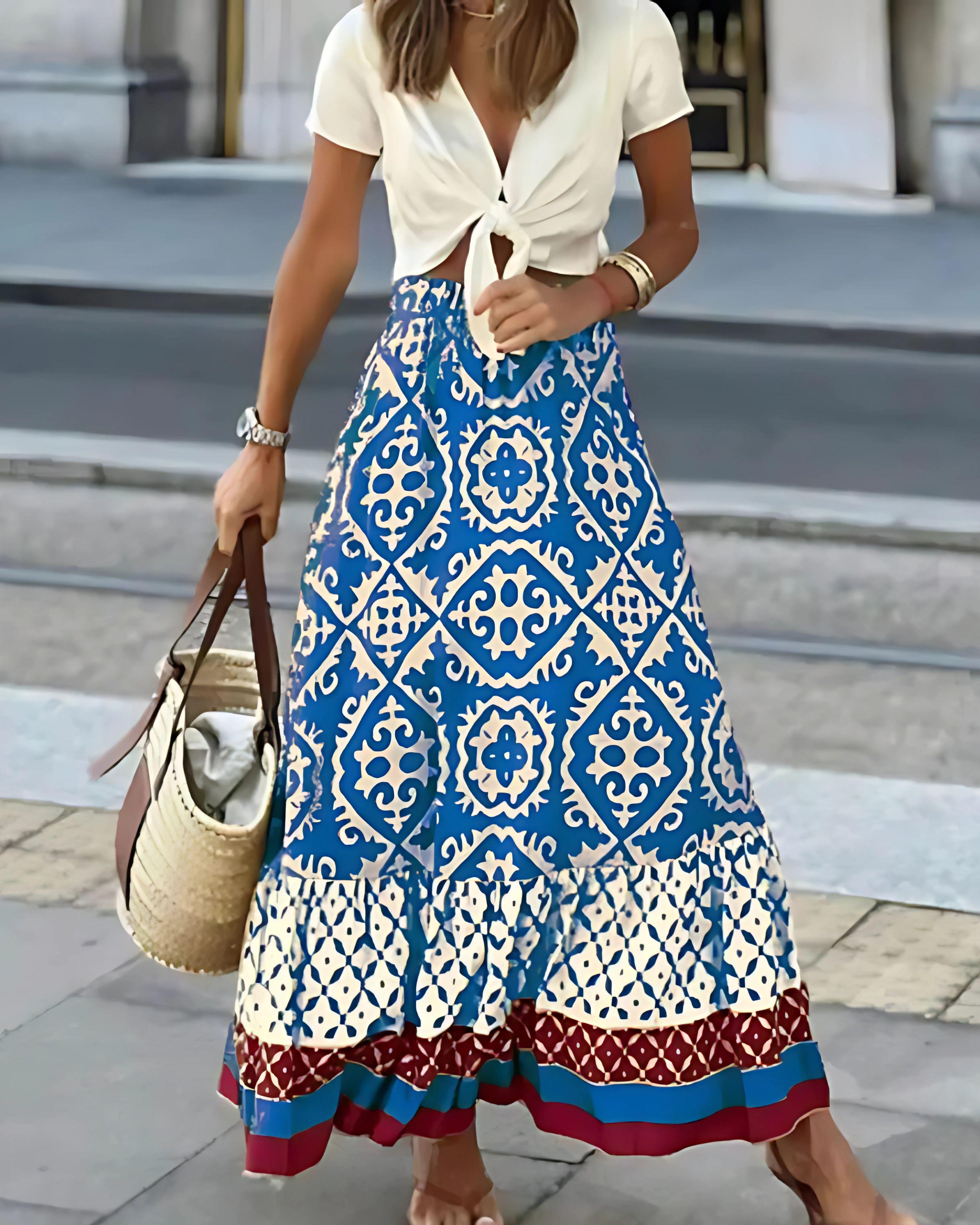 Boho Maxinederdel | Etnisk Mønster med Dekorativ Volant | Komfortabel Sommerstil 4