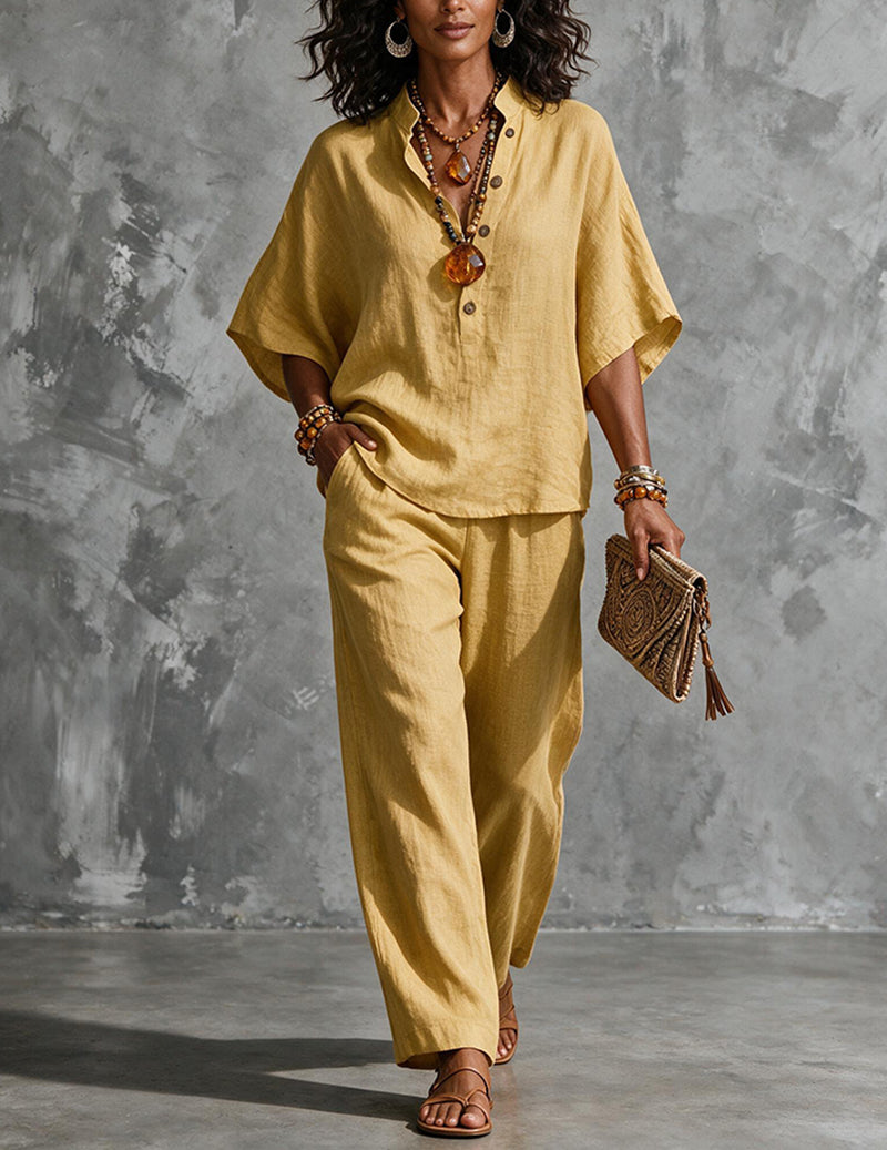 Linen Set Women 2 Piece – Batwing Top & Wide Leg Pants