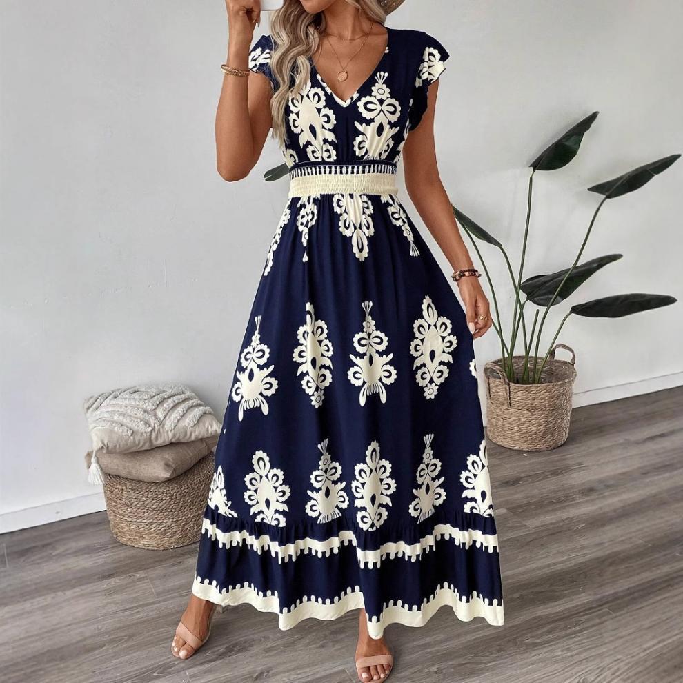 Blomstret Maxikjole Dame V-Hals – Lang Sommerkjole