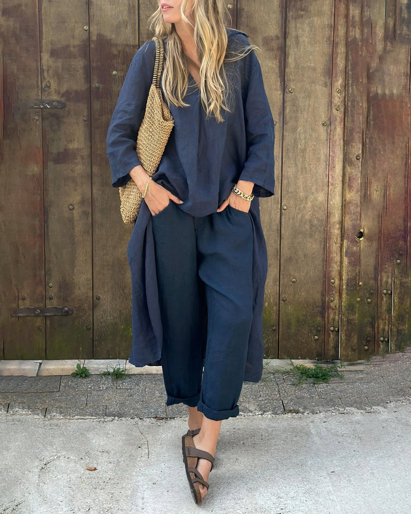 Hør Sæt Dame 2-Delt – Oversized V-Hals Top og Vidben Bukser