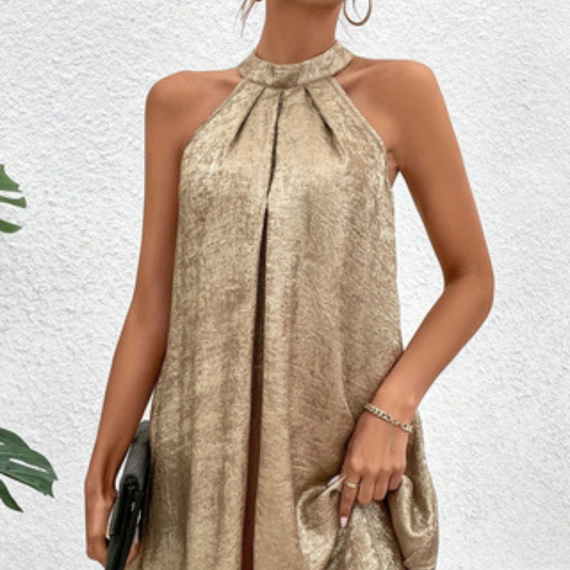 Halterneck Midi Dress Women – Gold Metallic Party Dress
