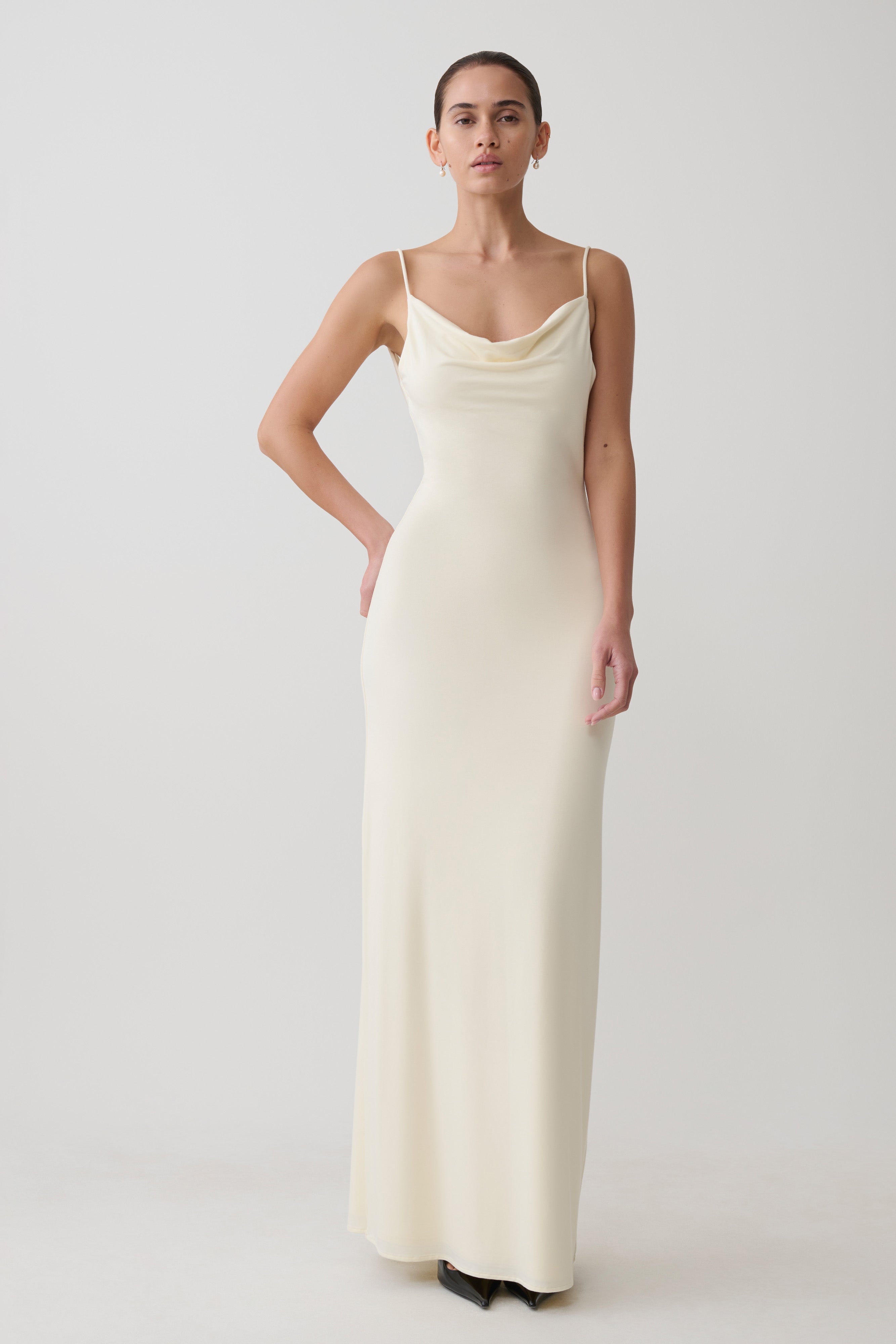 Women's Satin Slip Maxi Dress – Cowl Neck Bias Cut, Cream