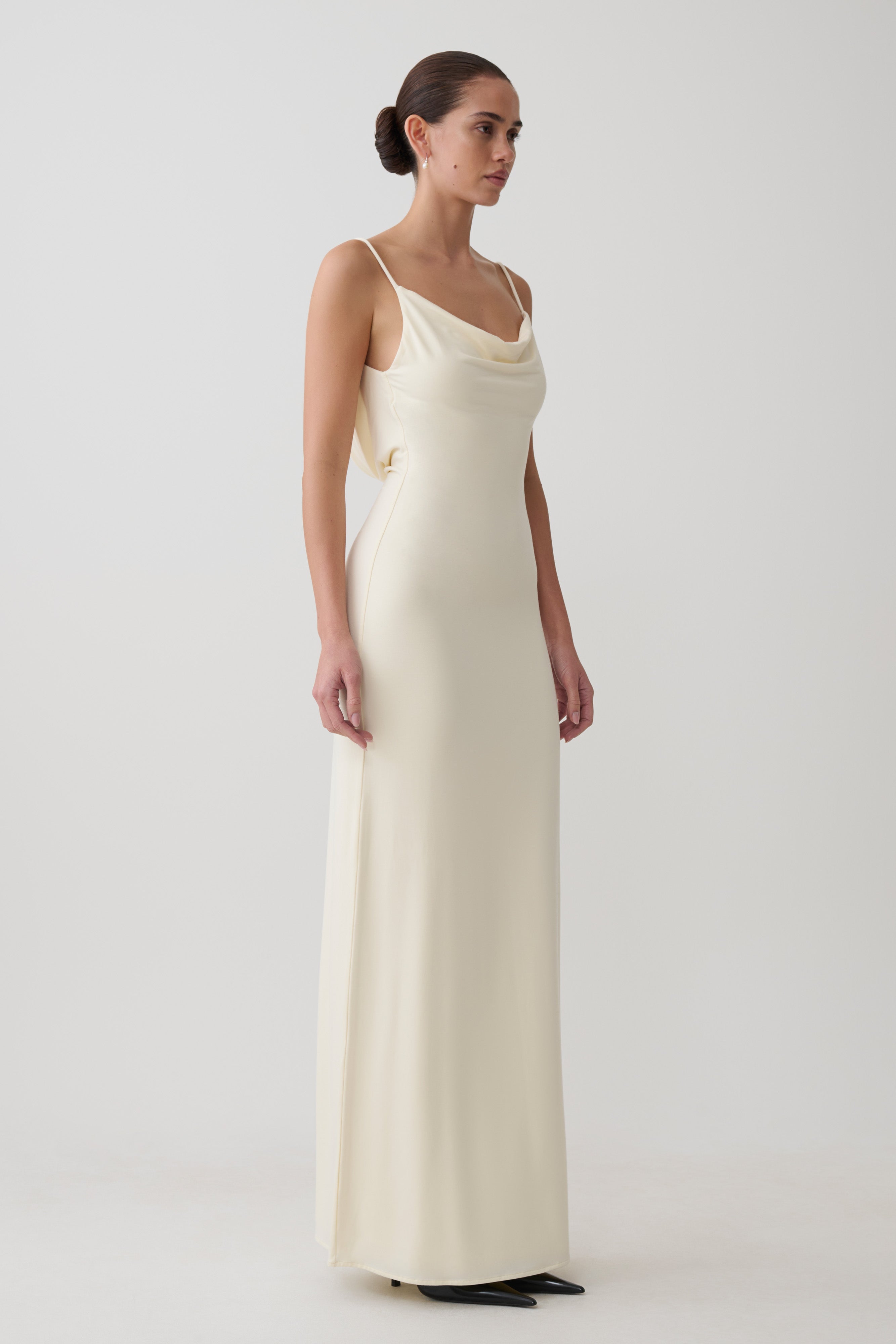 Women's Satin Slip Maxi Dress – Cowl Neck Bias Cut, Cream