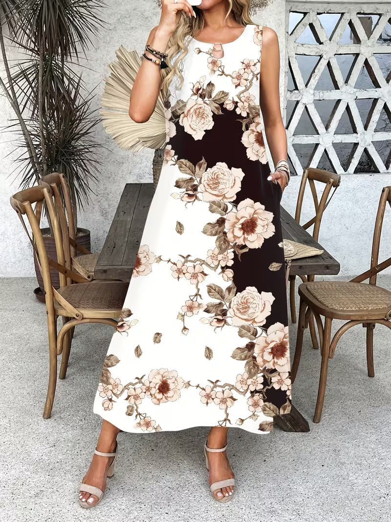 Floral Print Dress Women – Casual Midi Dress with Pockets