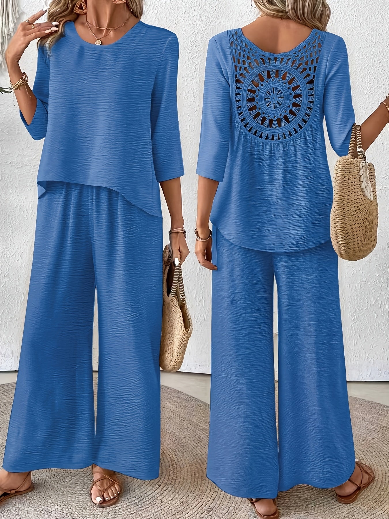 Two-Piece Set Women – 3/4 Sleeve Top & Wide-Leg Pants Vacation Set
