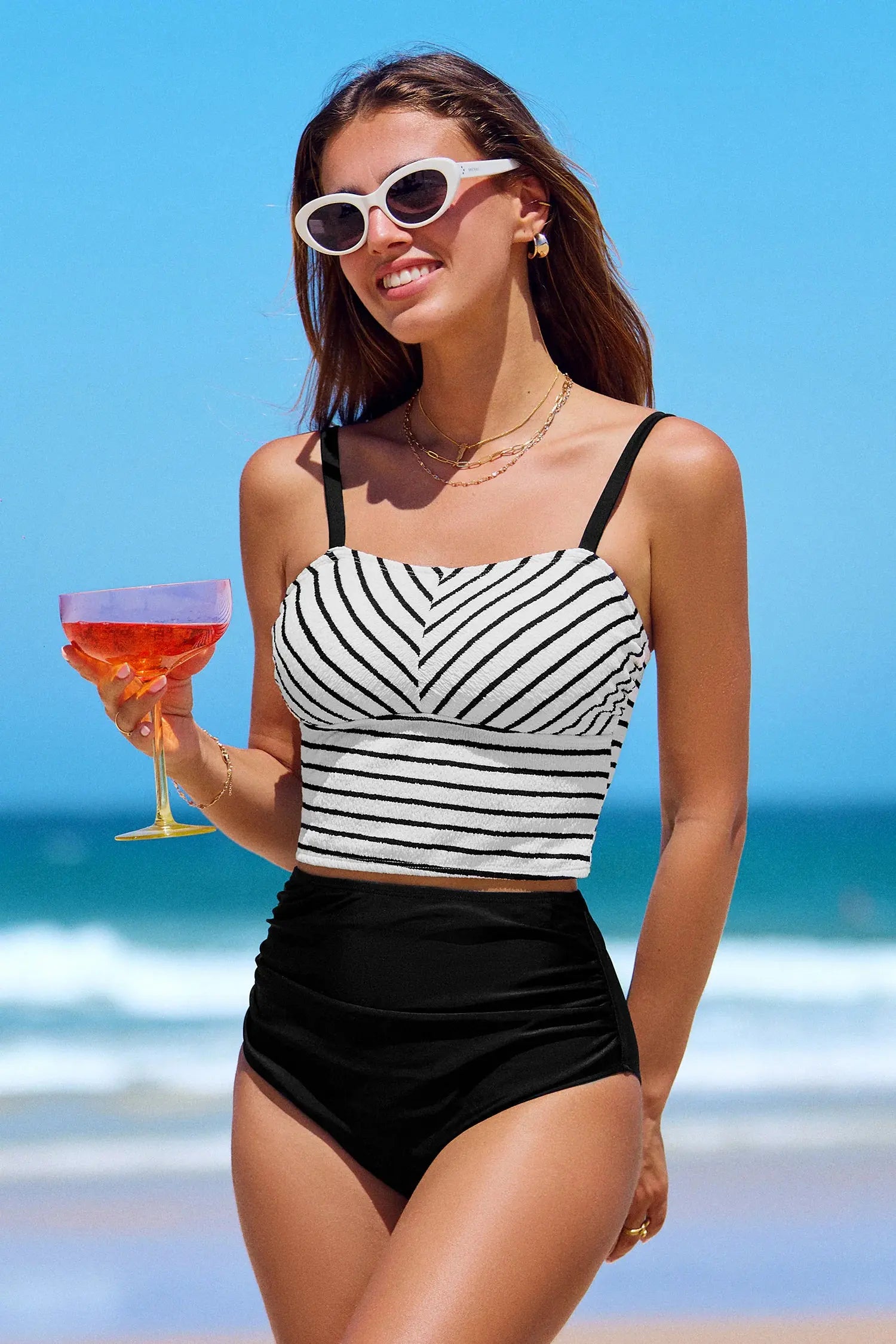 High waist bikini dame – stribet slim fit badetøj 2 dele
