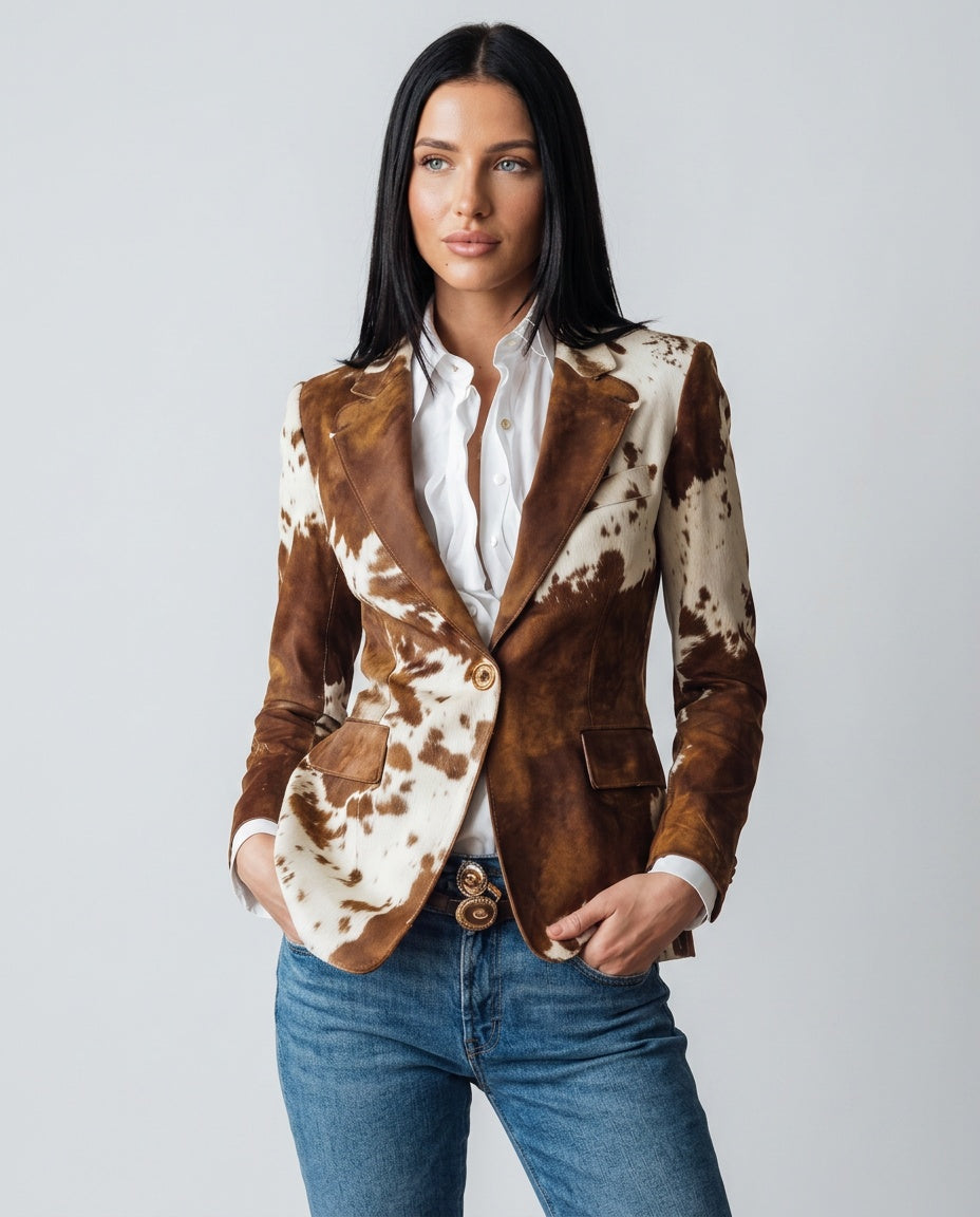 Cow Print Blazer Women – Structured Single-Breasted Jacket