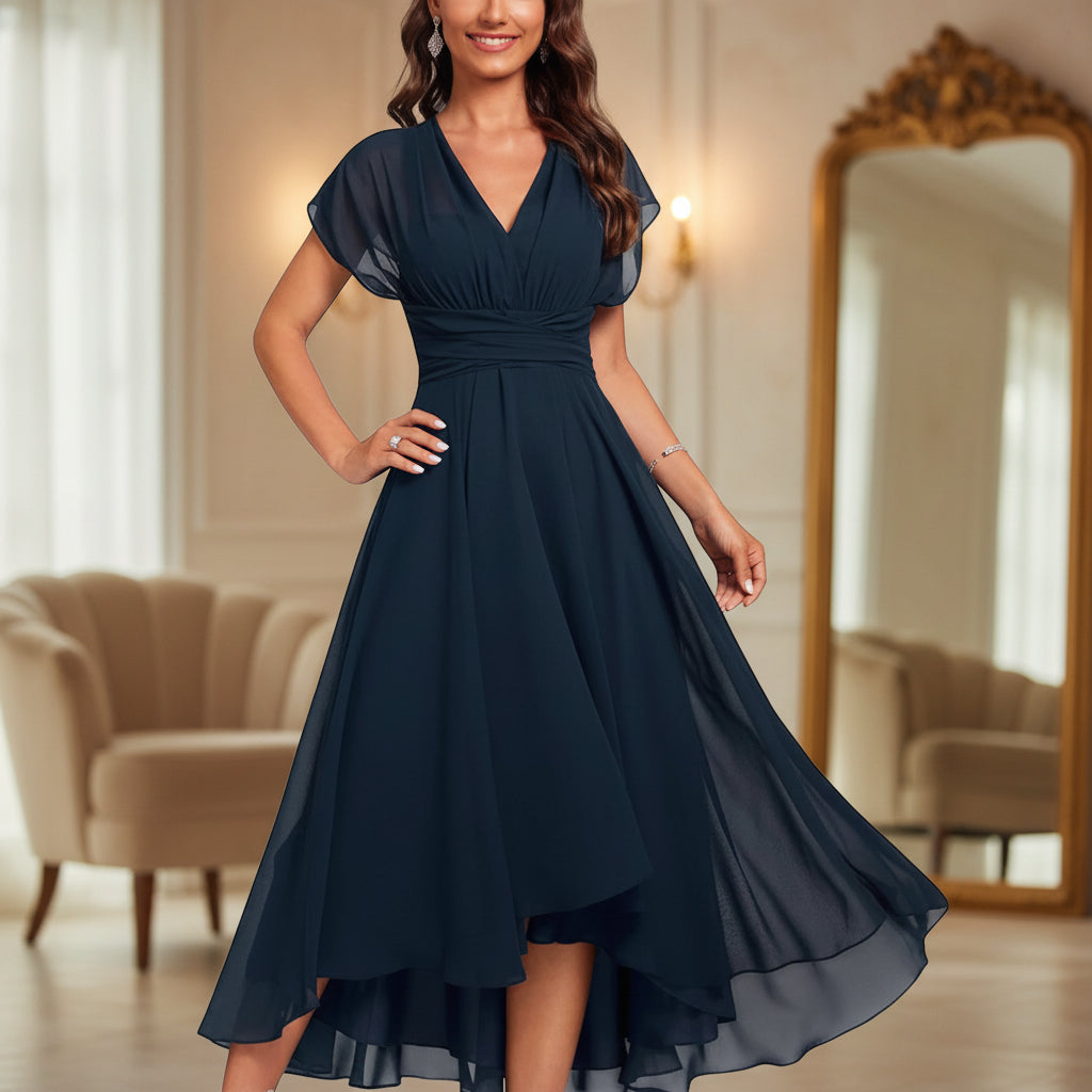 Midikjole Dame med Flagreærmer – V-hals A-line Kjole Navy
