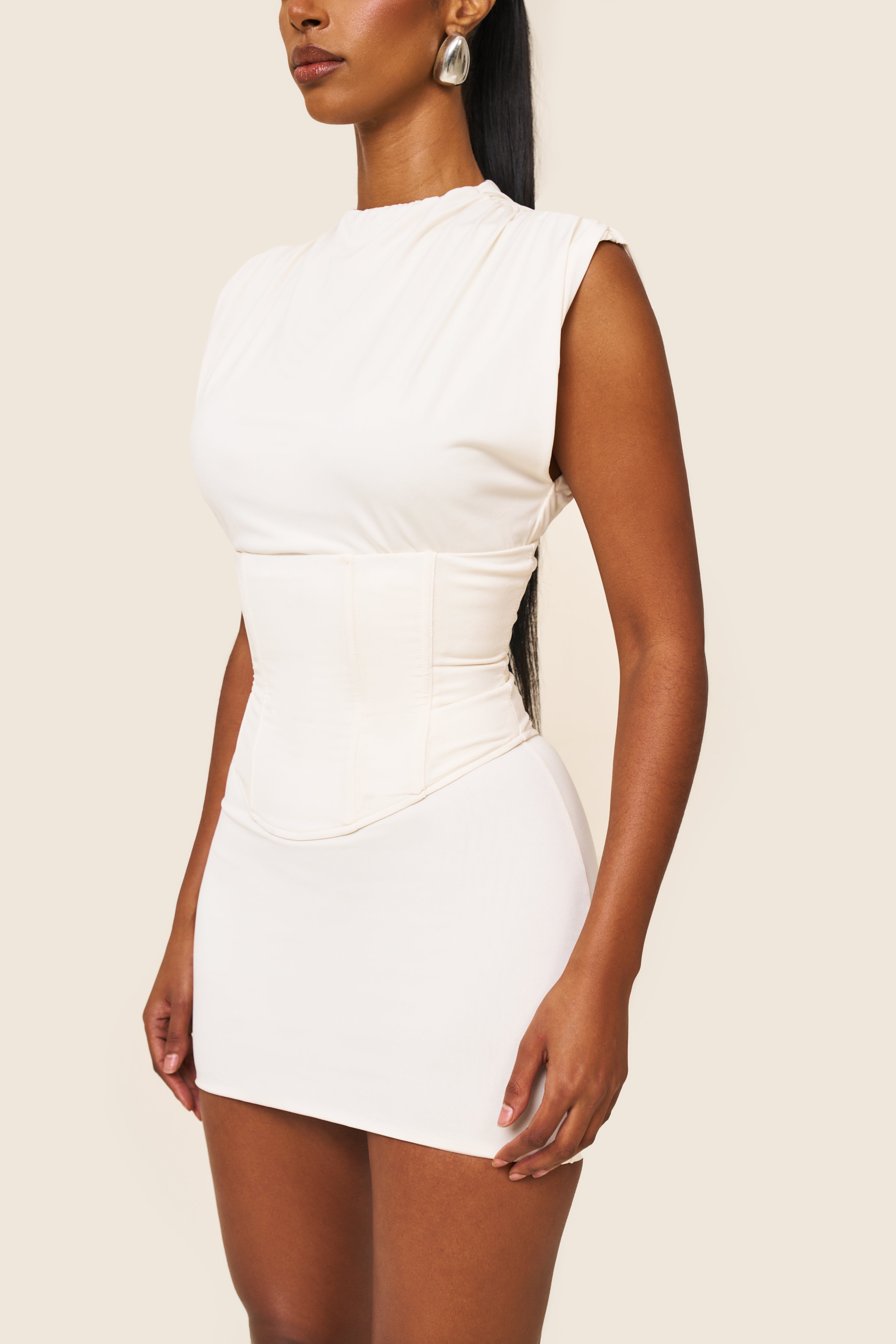 Women's Cream Mini Dress – High Neck Corset, Lace Back
