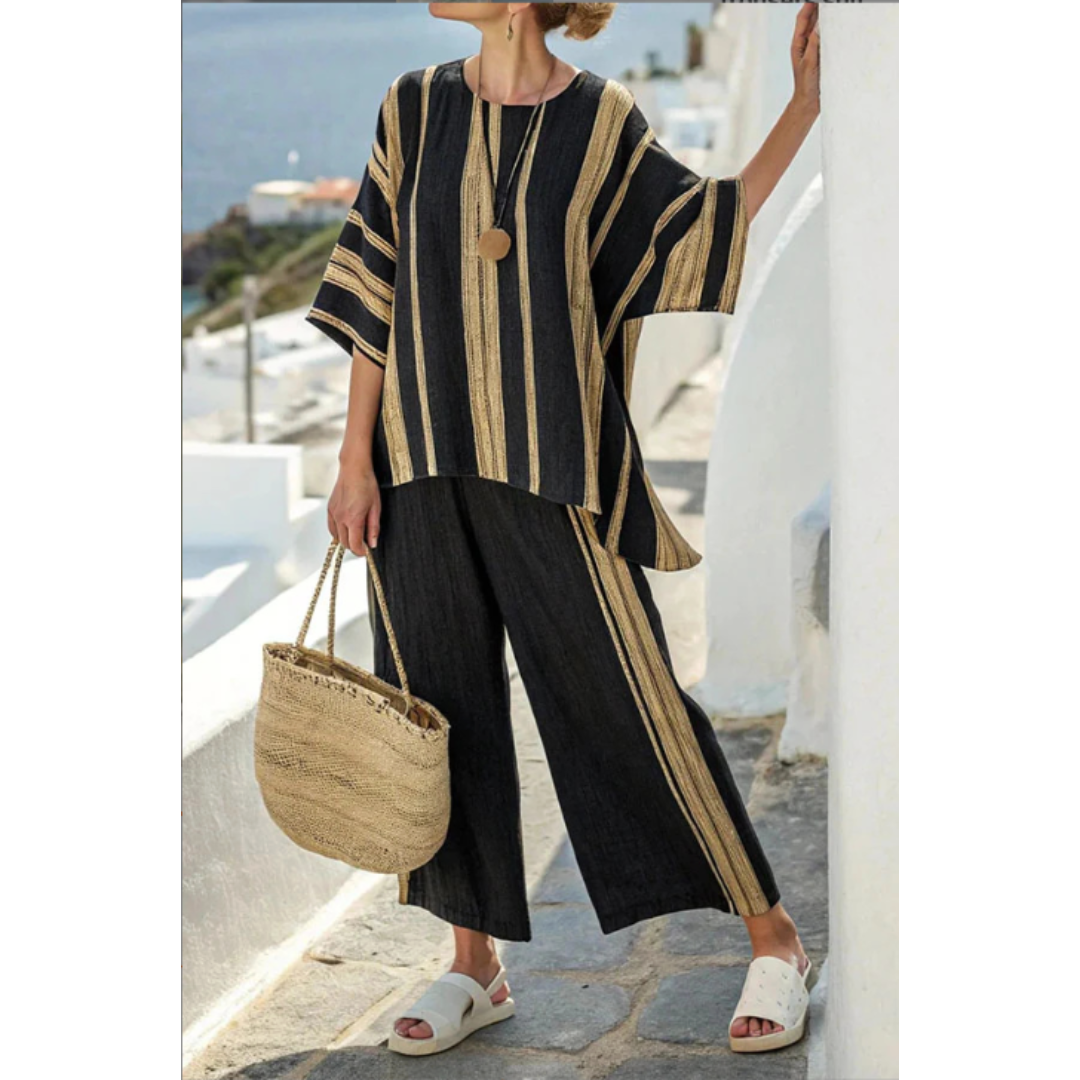 Striped Linen Two Piece Set Women – Batwing Top & Wide-Leg Pants, Black