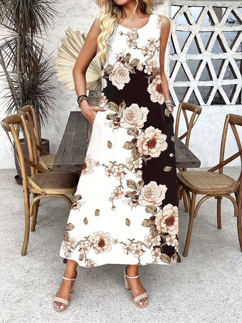 Floral Print Dress Women – Casual Midi Dress with Pockets
