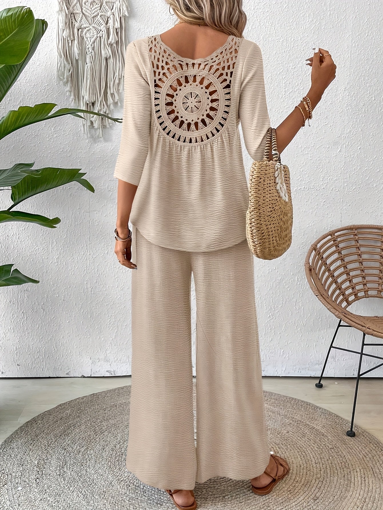 Two-Piece Set Women – 3/4 Sleeve Top & Wide-Leg Pants Vacation Set