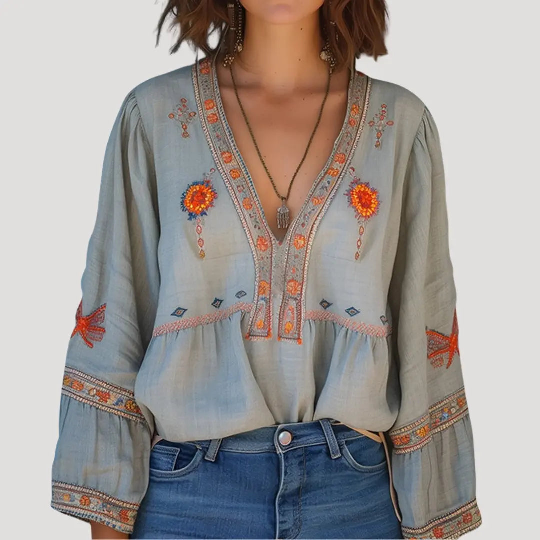 Ingrid Bluse Dame Boho Blomstret Broderi – V-udskæring til Sommer Panorla