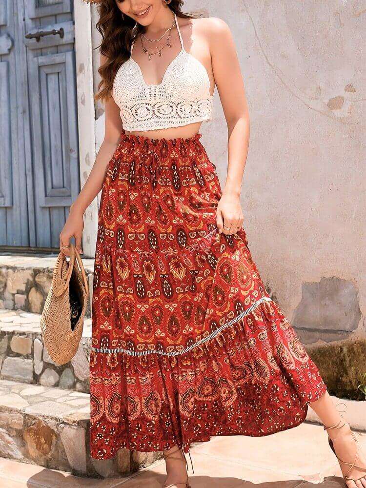 Boheme | Maxi Nederdel med Etnisk Print & Elastisk Talje | Komfortabel Løs Pasform til Sommer 1
