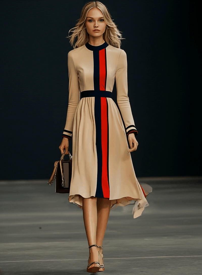 Helene | Kjole Dame – Colorblock Design, Lange Ærmer & Elegant Midibrug Panorla