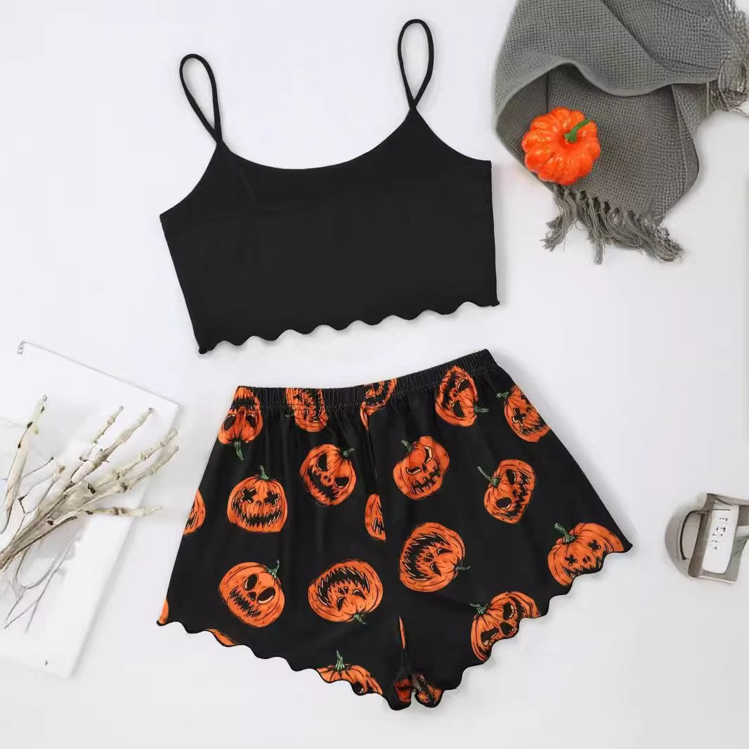 Halloween Pyjamas Dame Sæt – Græskar Print Nattøj med Cami og Shorts