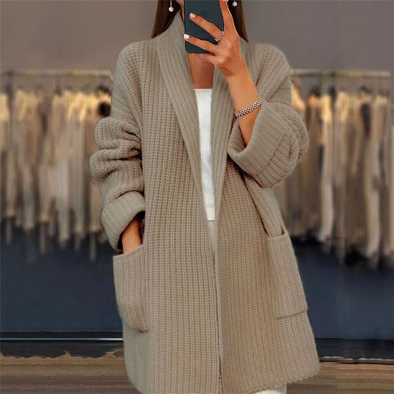 Women's Oversized Wool Cardigan – Ribbed, Pockets