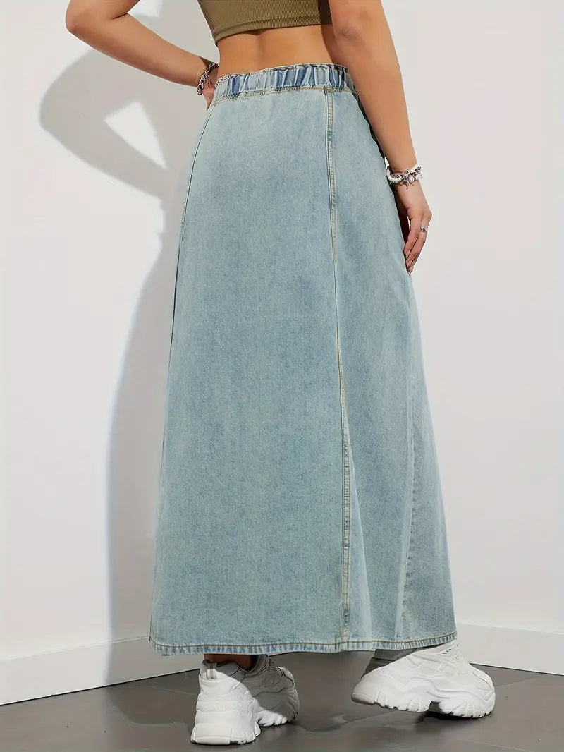 Stilfuld Denim Maxi Nederdel til Dame med Elastisk Talje | Komfortabel Hverdagslook 4