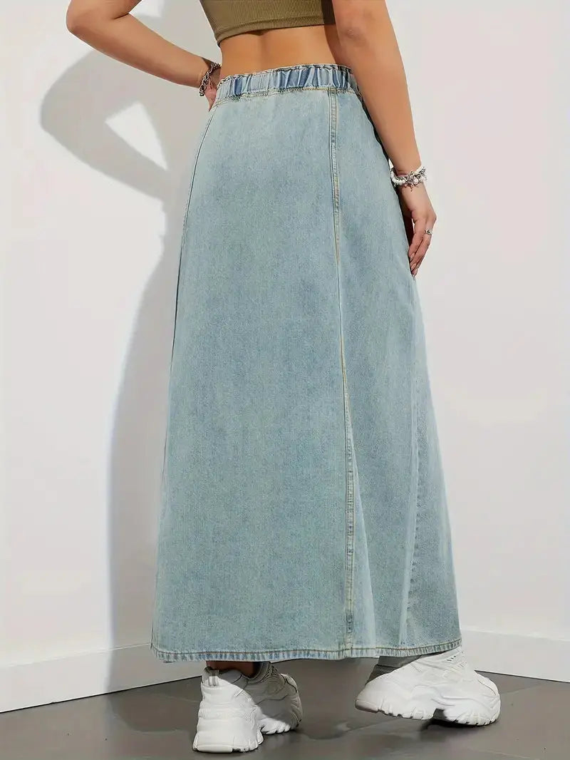Stilfuld Denim Maxi Nederdel til Dame med Elastisk Talje | Komfortabel Hverdagslook 4