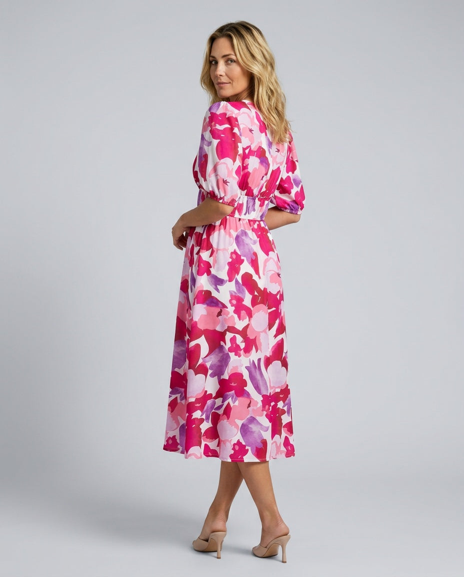 Puff Sleeve Midi Dress Women – V-Neck Pleated Abstract Dress