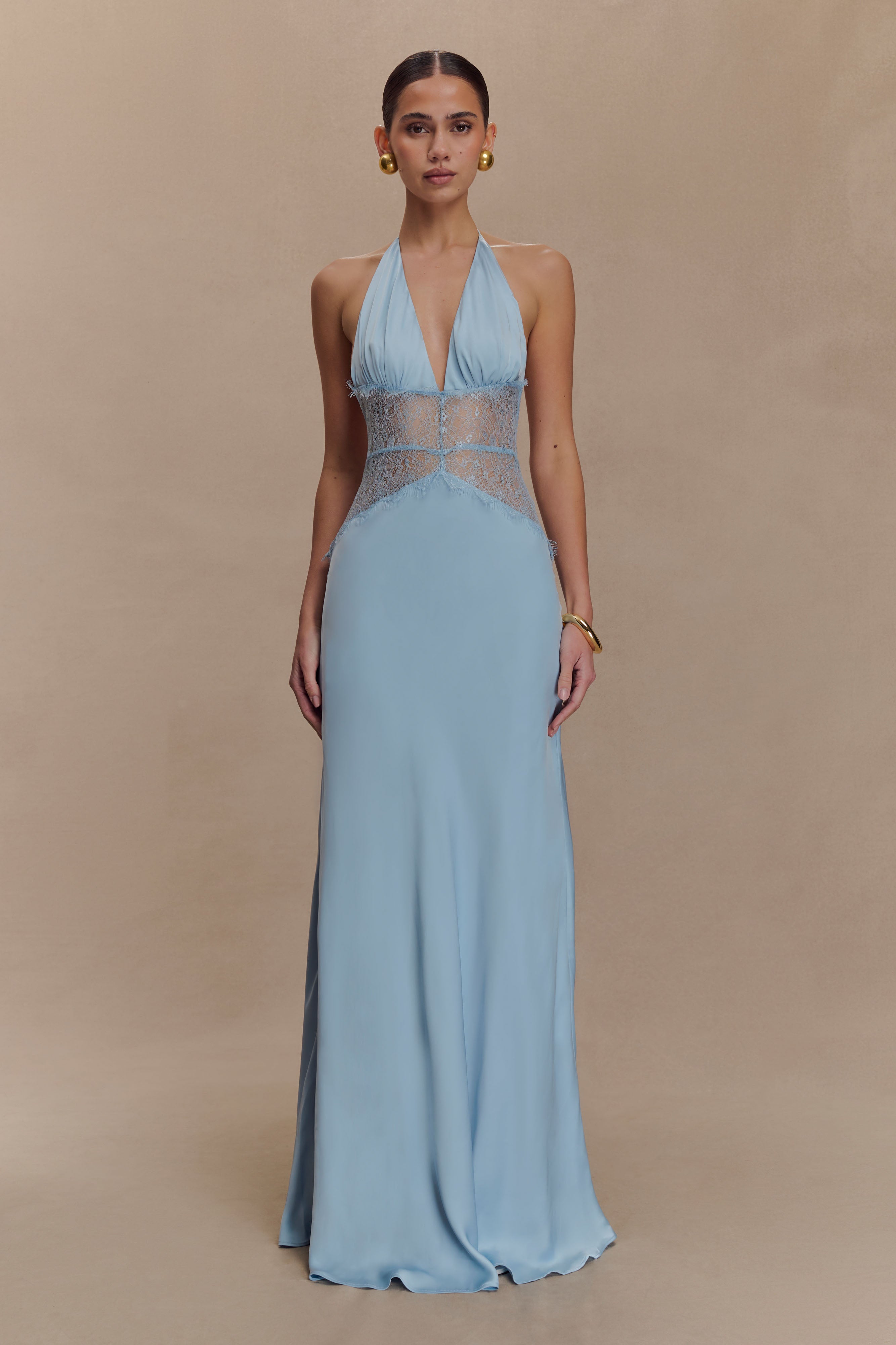 Lace Maxi Dress Women – Halter V-Neck Satin, Cornflower Blue