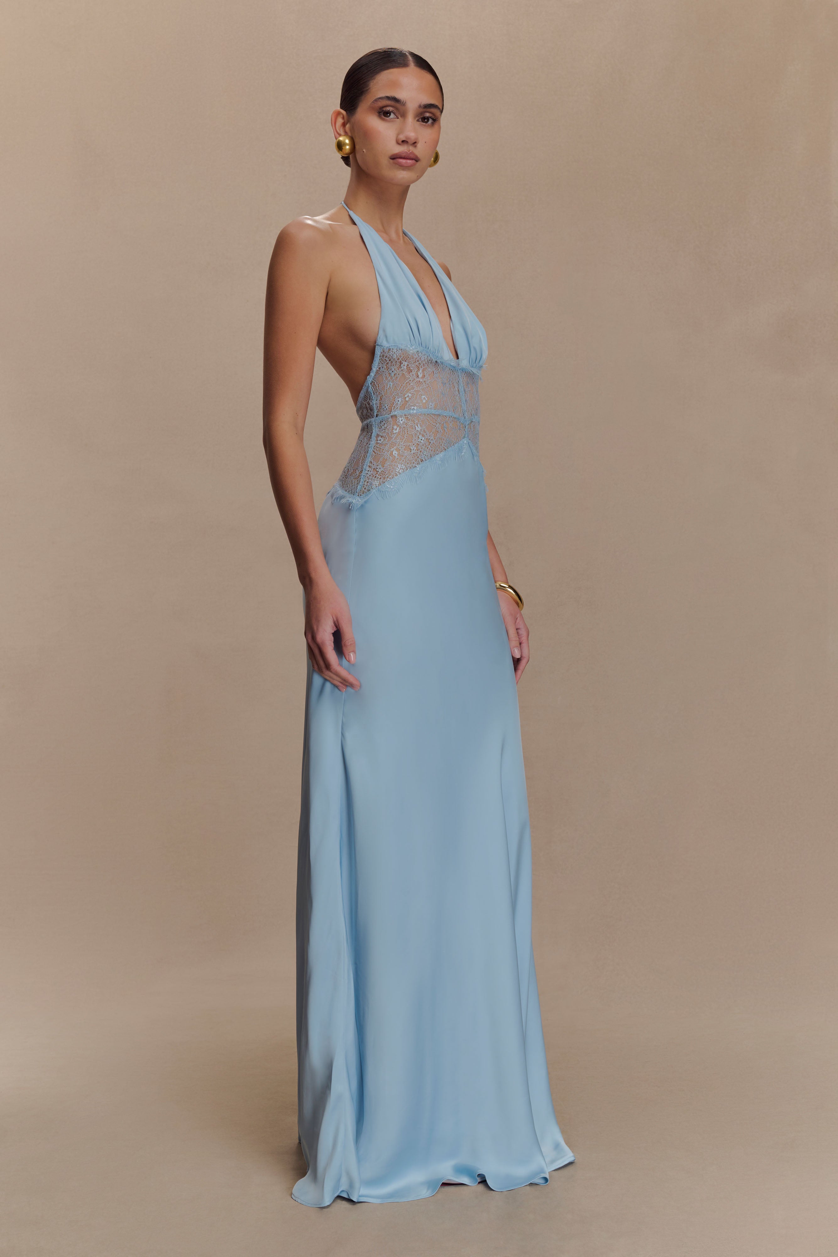 Lace Maxi Dress Women – Halter V-Neck Satin, Cornflower Blue