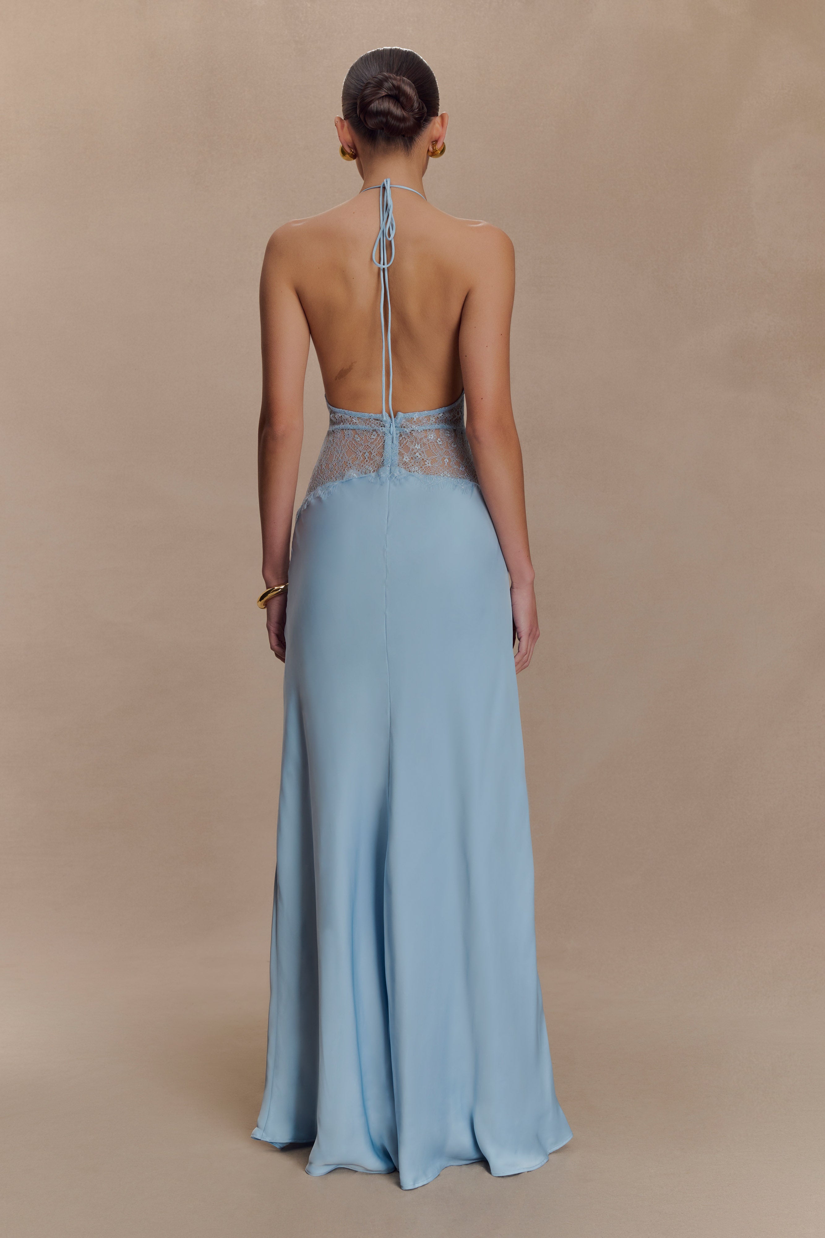 Lace Maxi Dress Women – Halter V-Neck Satin, Cornflower Blue