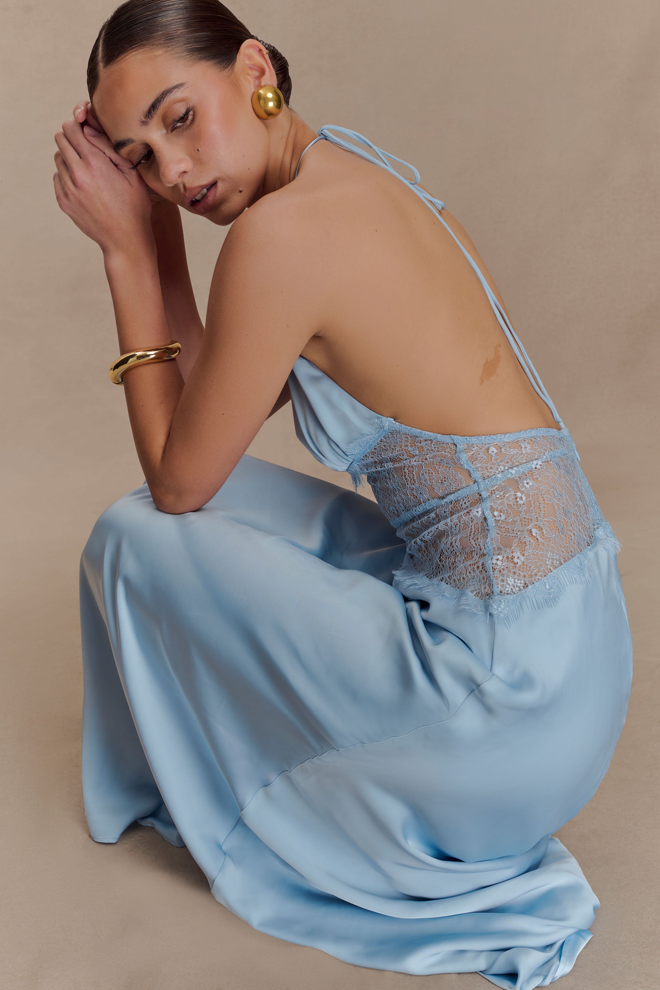 Lace Maxi Dress Women – Halter V-Neck Satin, Cornflower Blue