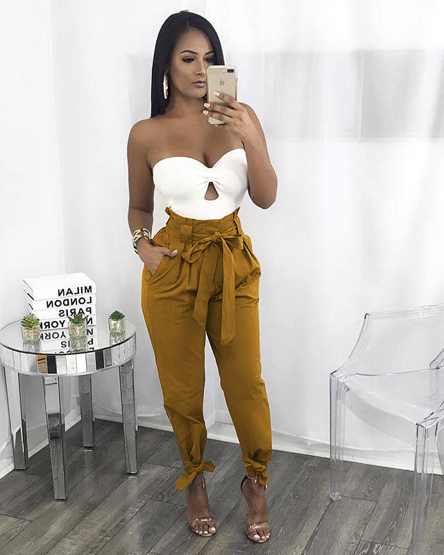 Paperbag Pants Women High Waist – Tie Belt Tapered Pants for Work
