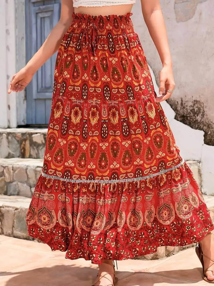 Boheme | Maxi Nederdel med Etnisk Print & Elastisk Talje | Komfortabel Løs Pasform til Sommer 2