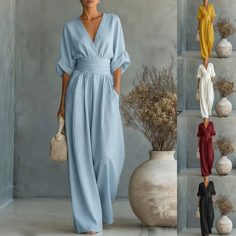 Wide-Leg Jumpsuit Women – V-Neck Cinched Waist Linen-Look Jumpsuit