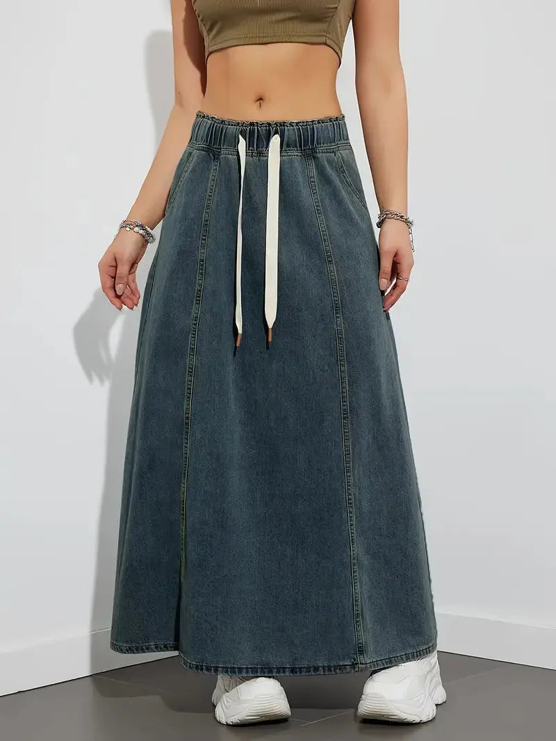 Stilfuld Denim Maxi Nederdel til Dame med Elastisk Talje | Komfortabel Hverdagslook 9