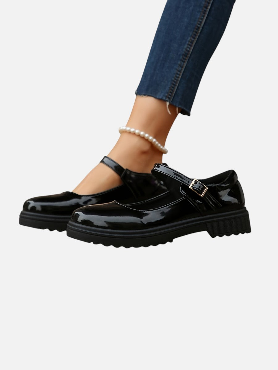 Mary Jane Loafers Women – Glossy Black Flats with Strap