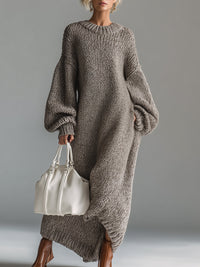 Nadia Oversized Strikkjole Dame – Lang Maxi med Rund Hals