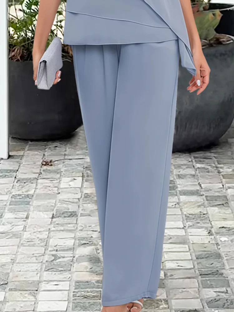 Women's Chiffon 2 Piece Outfit – Mother of the Bride Pants Set | Wedding Guest Formal Occasion Wear – Dusty Blue