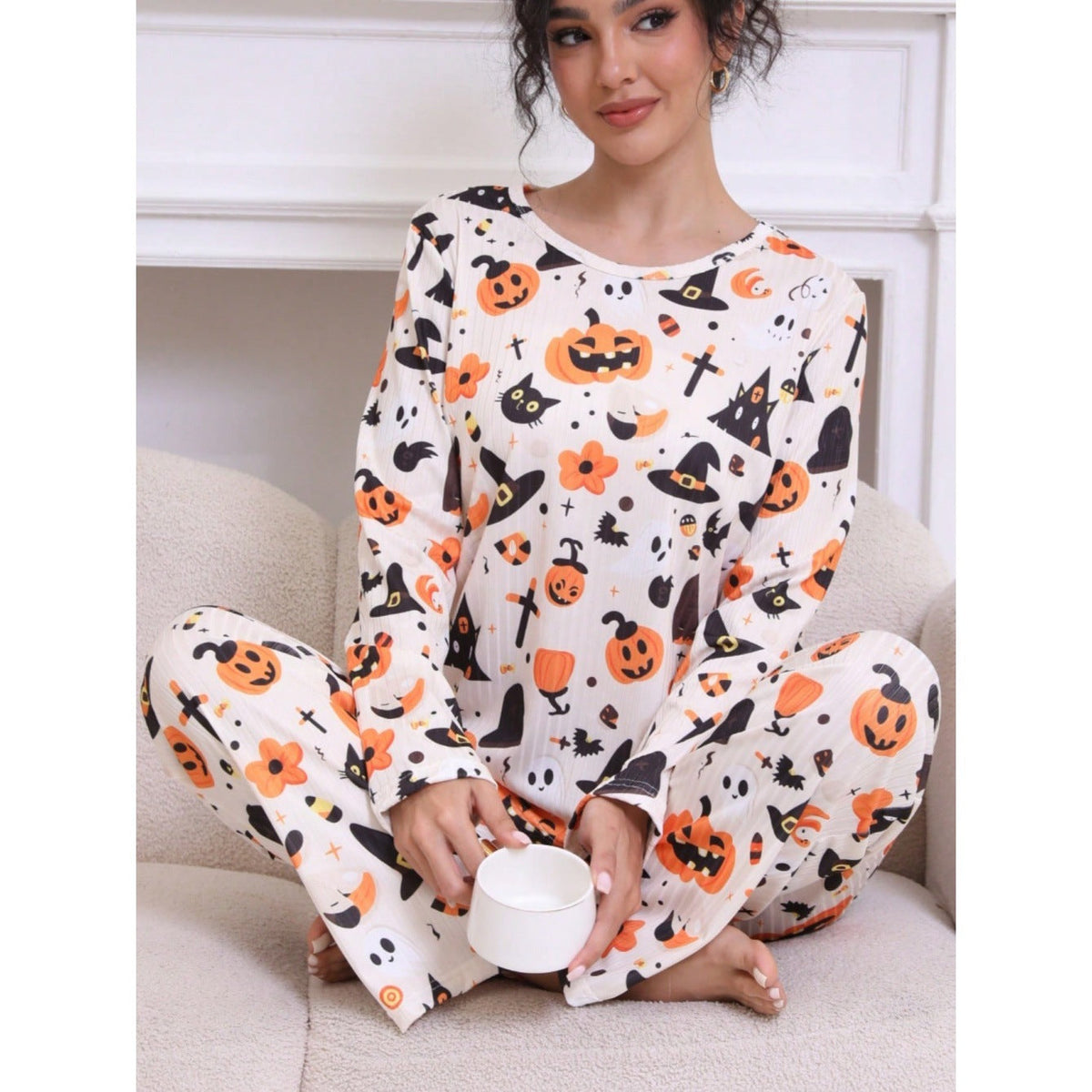 Halloween Pyjamas Dame Sæt – Langærmet Nattøj med Græskar og Spøgelser