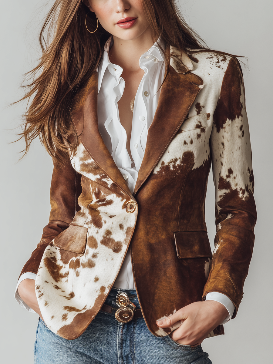 Cow Print Blazer Women – Structured Single-Breasted Jacket