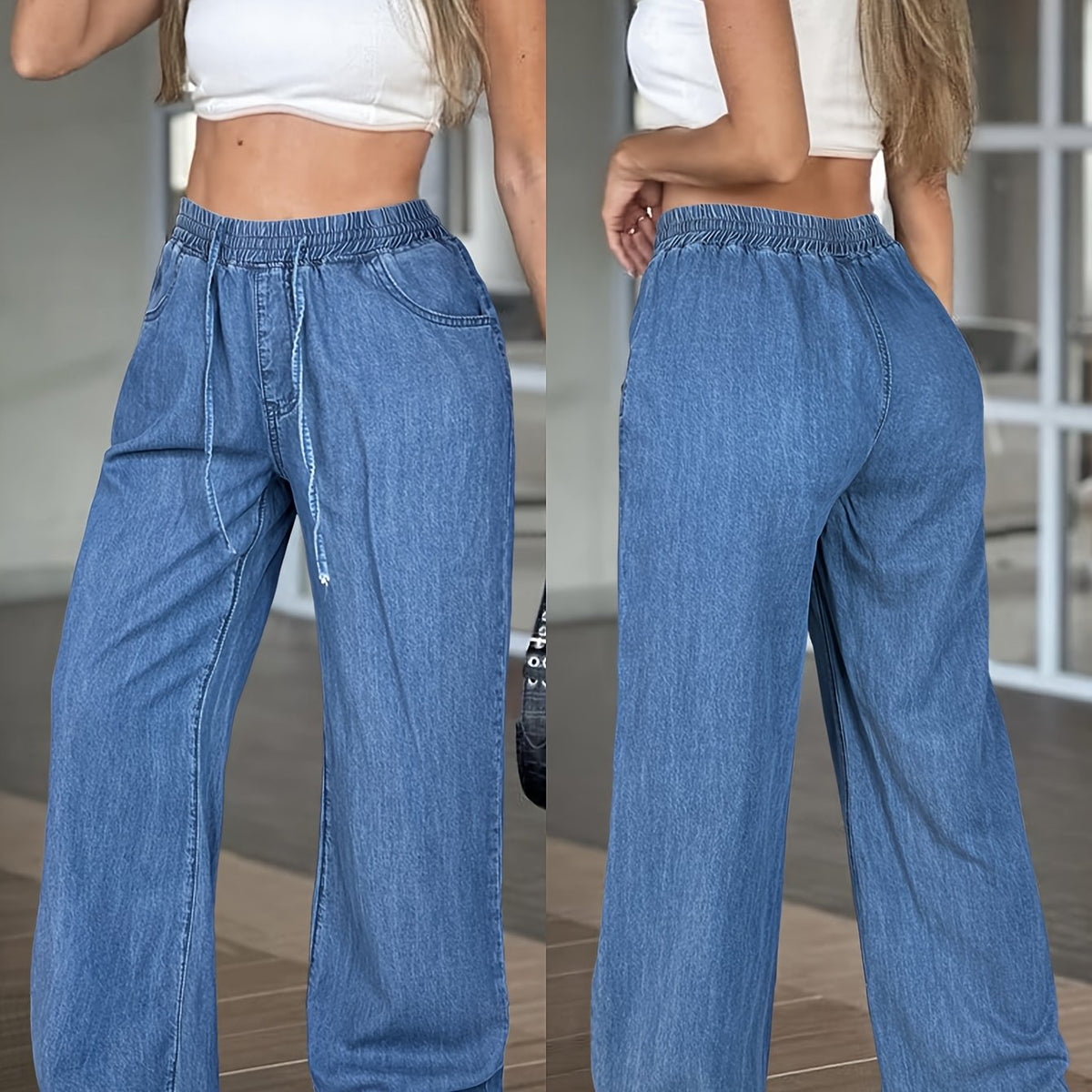Vide Jeans Dame – Lyseblå Elastik Denim Bukser med Snøre