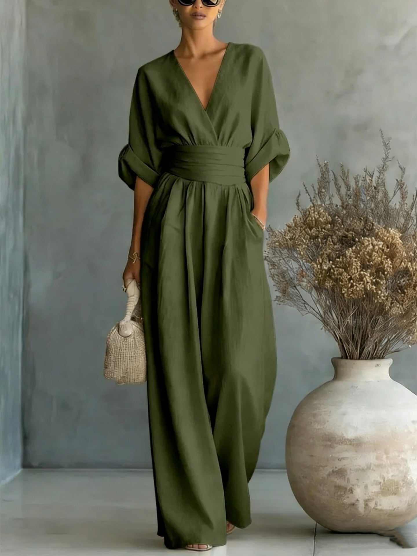 Wide-Leg Jumpsuit Women – V-Neck Cinched Waist Linen-Look Jumpsuit