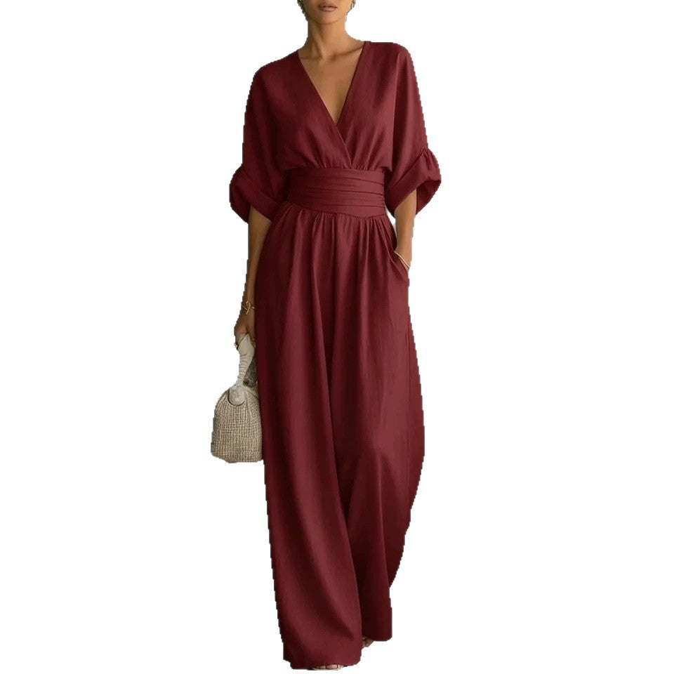 Wide-Leg Jumpsuit Women – V-Neck Cinched Waist Linen-Look Jumpsuit