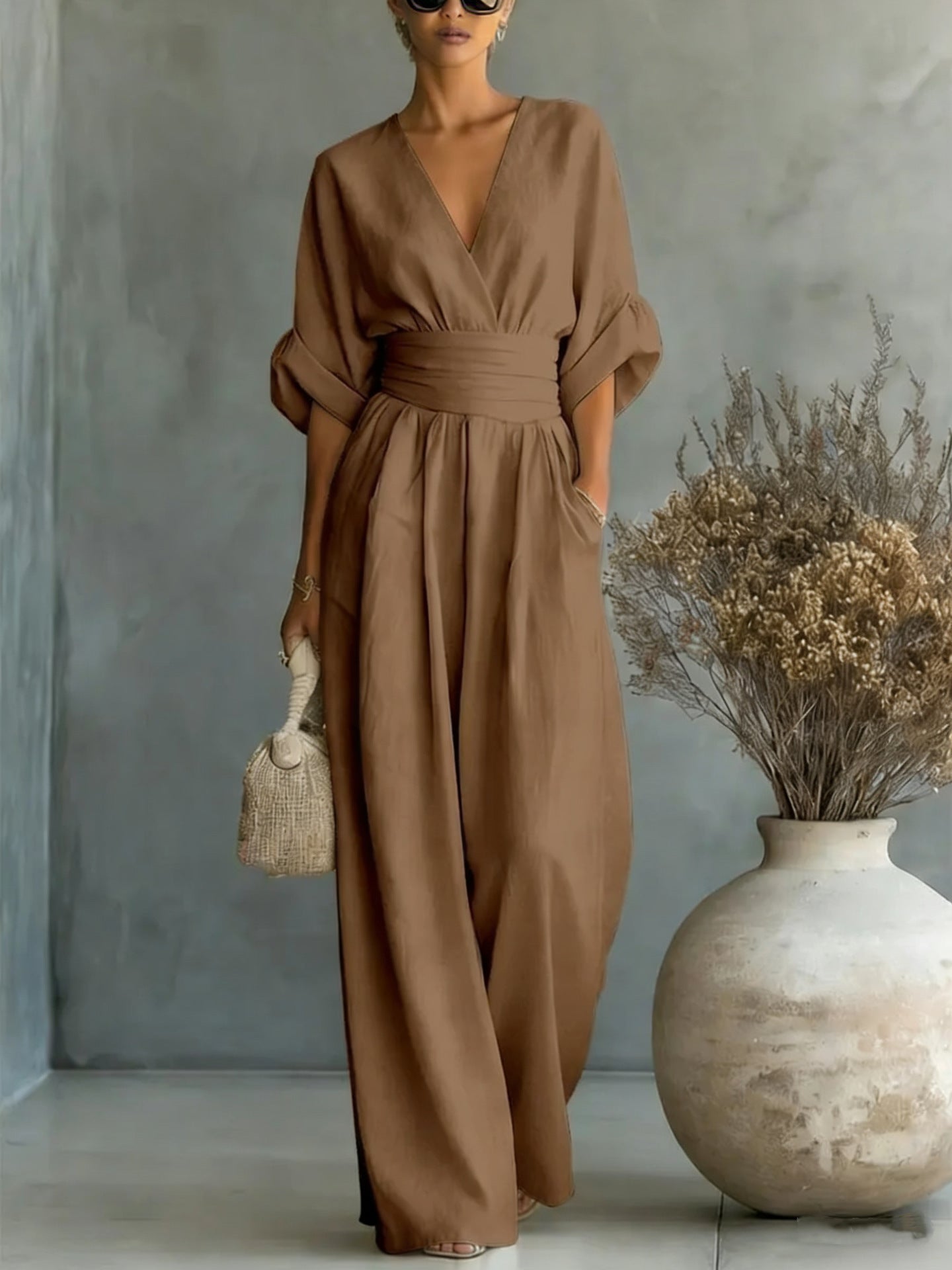 Wide-Leg Jumpsuit Women – V-Neck Cinched Waist Linen-Look Jumpsuit