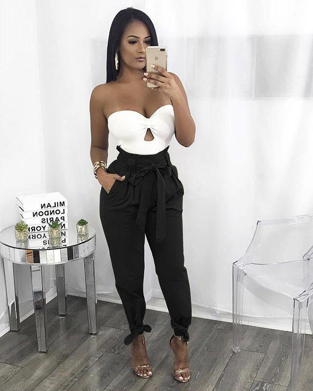 Paperbag Pants Women High Waist – Tie Belt Tapered Pants for Work
