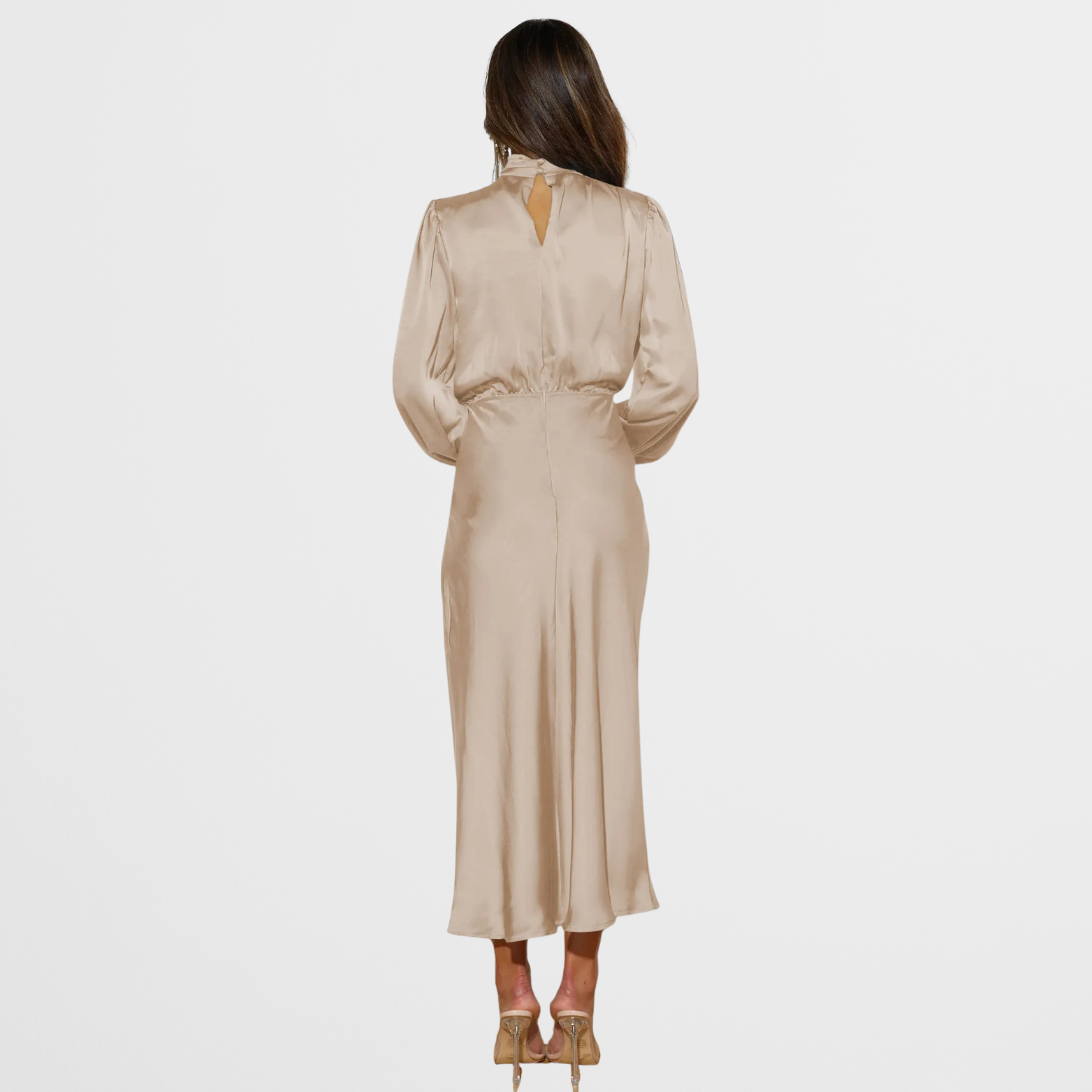 Elegant Midi Kjole med Høj Hals & Lange Ærmer i Satinlook | Perfekt til Festlige Lejligheder 3