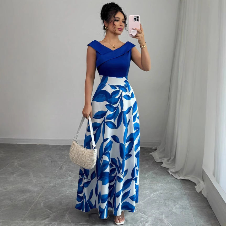 Printed Maxi Dress Women – V-Neck Evening Gown with Print