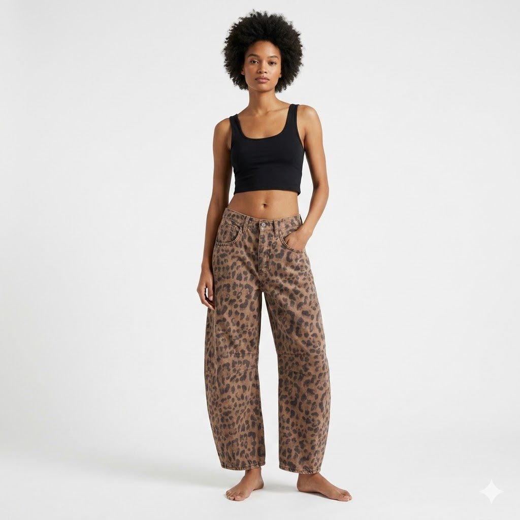 Leilani Barrel Jeans Dame – Leopardprint med Høj Talje