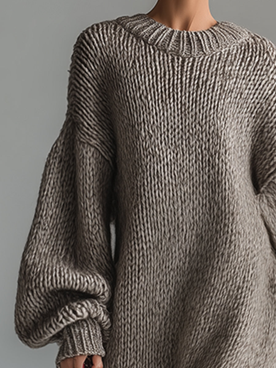 Nadia Oversized Strikkjole Dame – Lang Maxi med Rund Hals