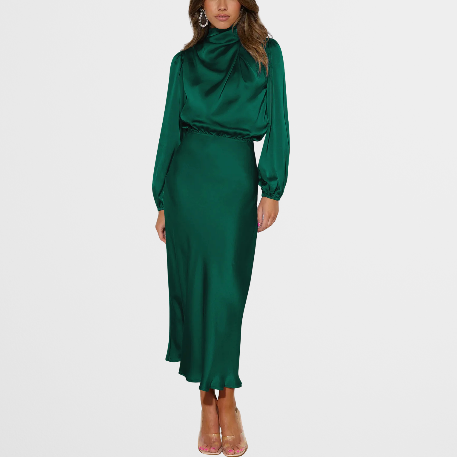 Elegant Midi Kjole med Høj Hals & Lange Ærmer i Satinlook | Perfekt til Festlige Lejligheder 9