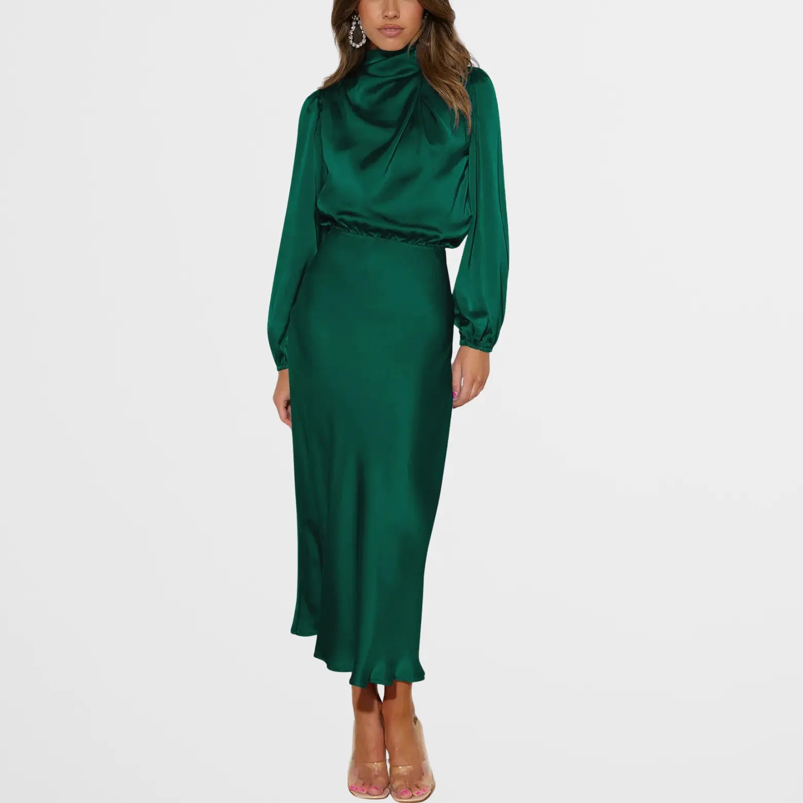 Freja Midi Kjole Dame – Satinlook Høj Hals med Lange Ærmer Panorla