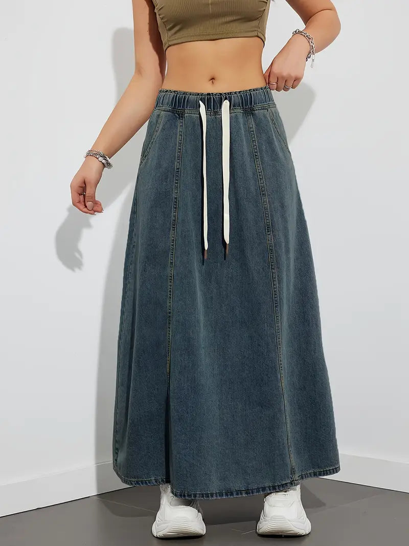 Stilfuld Denim Maxi Nederdel til Dame med Elastisk Talje | Komfortabel Hverdagslook 8