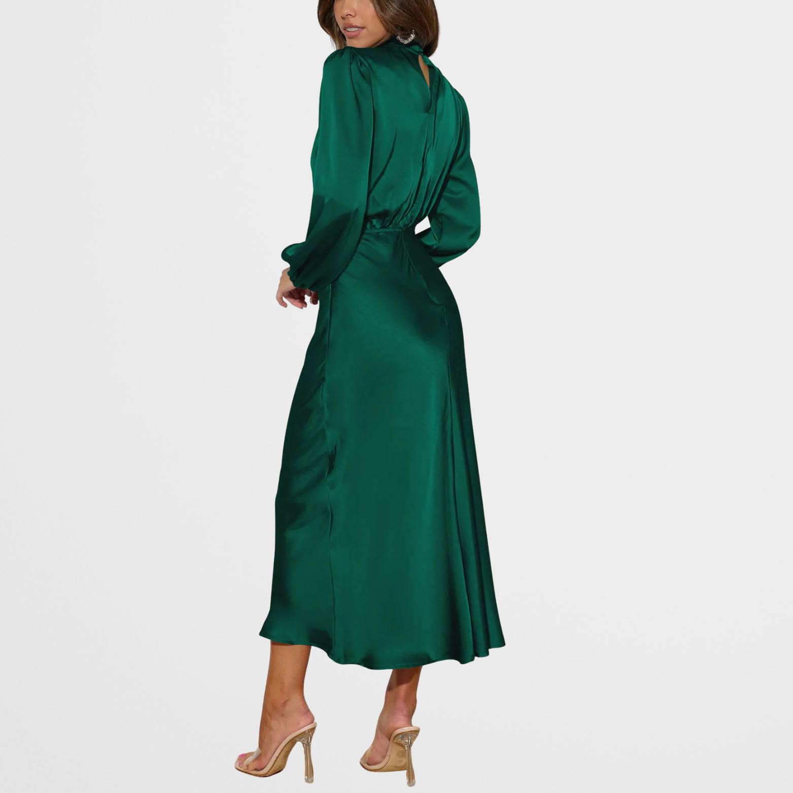 Elegant Midi Kjole med Høj Hals & Lange Ærmer i Satinlook | Perfekt til Festlige Lejligheder 10